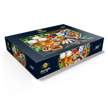 Oktoberfest menu Bavarian sausages with pretzels sweet mustard and beer mugs 300 Jigsaw Puzzle box view1