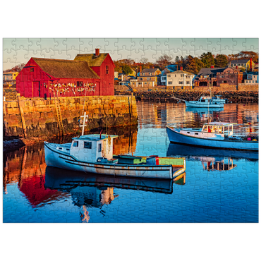 puzzleplate Rockport Harbor in Massachusetts with its lobster boats and village reflect in the still waters of the day. The colors give the town a nostalgic feel 300 Jigsaw Puzzle