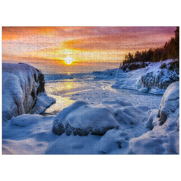 puzzleplate Frozen Lake Superior sunrise at Presque Isle Park, winter in Marquette, Michigan 300 Jigsaw Puzzle