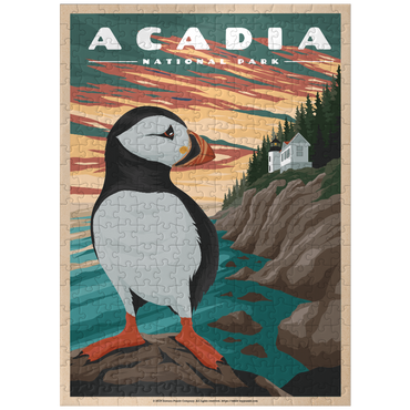 puzzleplate Acadia National Park - Bass Harbor Puffins, Vintage Travel Poster 300 Jigsaw Puzzle