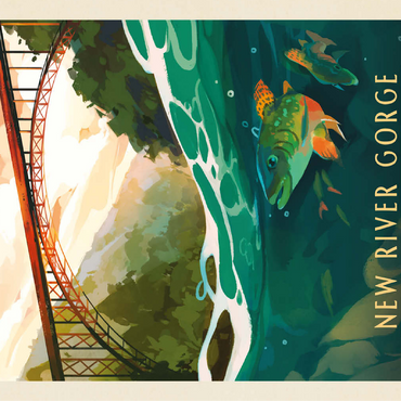 New River Gorge National Park & Preserve: Fish-Eye-View, Vintage Poster 100 Jigsaw Puzzle 3D Modell