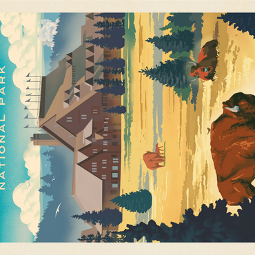 Yellowstone National Park: Old Faithful Inn Bisons, Vintage Poster 1000 Jigsaw Puzzle 3D Modell