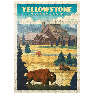puzzleplate Yellowstone National Park: Old Faithful Inn Bisons, Vintage Poster 500 Jigsaw Puzzle