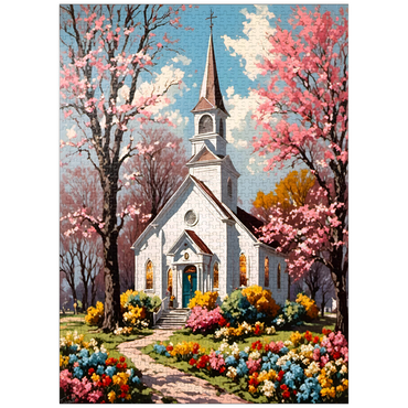 puzzleplate Charming Country Church in Spring Bloom 1000 Jigsaw Puzzle