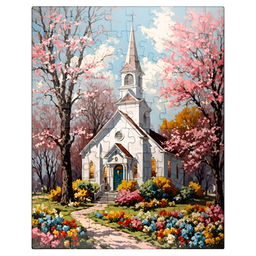 puzzleplate Charming Country Church in Spring Bloom 100 Jigsaw Puzzle