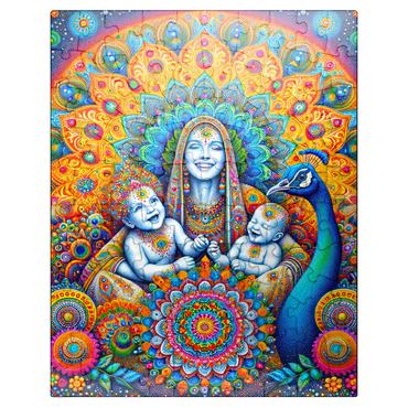 puzzleplate Vibrant Divine Mother with Children and Peacock 100 Jigsaw Puzzle