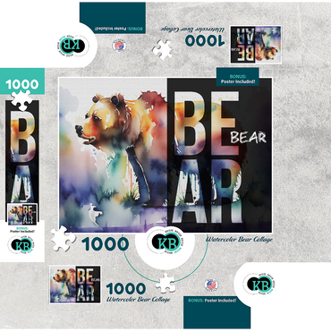 Abstract Watercolor: Bear Collage, Wildlife Canvas 1000 Jigsaw Puzzle box 3D Modell