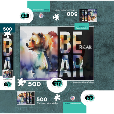 Abstract Watercolor: Bear Collage, Wildlife Canvas 500 Jigsaw Puzzle box 3D Modell
