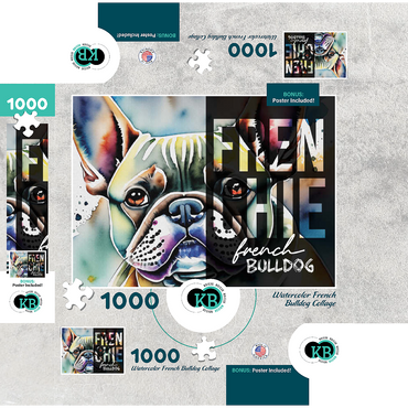 Abstract Watercolor: French Bulldog Portrait Collage, Wildlife Canvas 1000 Jigsaw Puzzle box 3D Modell