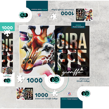 Abstract Watercolor: Giraffe Collage, Wildlife Canvas 1000 Jigsaw Puzzle box 3D Modell