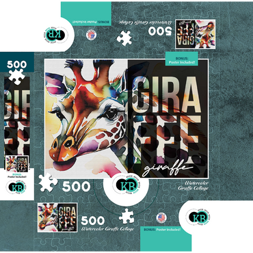 Abstract Watercolor: Giraffe Collage, Wildlife Canvas 500 Jigsaw Puzzle box 3D Modell