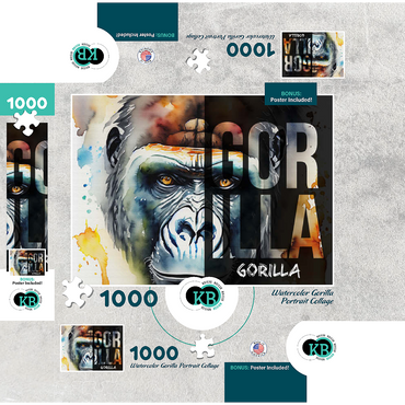 Abstract Watercolor: Gorilla Portrait Collage, Wildlife Canvas 1000 Jigsaw Puzzle box 3D Modell