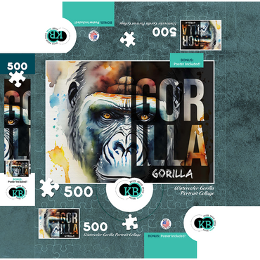 Abstract Watercolor: Gorilla Portrait Collage, Wildlife Canvas 500 Jigsaw Puzzle box 3D Modell