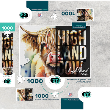 Abstract Watercolor: Highland Cow Portrait Collage, Wildlife Canvas 1000 Jigsaw Puzzle box 3D Modell