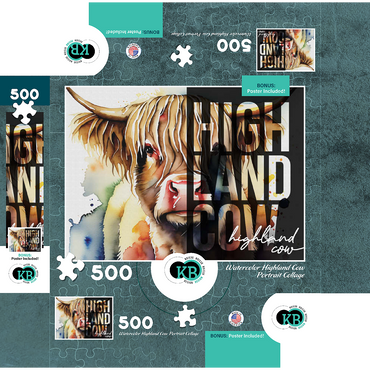 Abstract Watercolor: Highland Cow Portrait Collage, Wildlife Canvas 500 Jigsaw Puzzle box 3D Modell