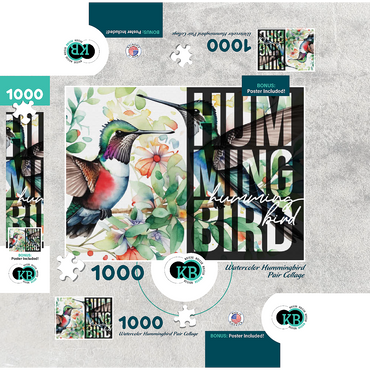 Abstract Watercolor: Hummingbird Pair Collage, Wildlife Canvas 1000 Jigsaw Puzzle box 3D Modell