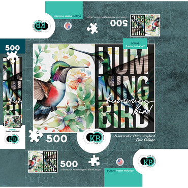 Abstract Watercolor: Hummingbird Pair Collage, Wildlife Canvas 500 Jigsaw Puzzle box 3D Modell