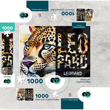 Abstract Watercolor: Leopard Collage, Wildlife Canvas 1000 Jigsaw Puzzle box 3D Modell