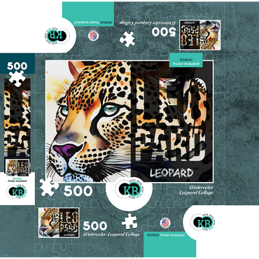 Abstract Watercolor: Leopard Collage, Wildlife Canvas 500 Jigsaw Puzzle box 3D Modell