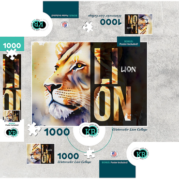 Abstract Watercolor: Lion Collage, Wildlife Canvas 1000 Jigsaw Puzzle box 3D Modell