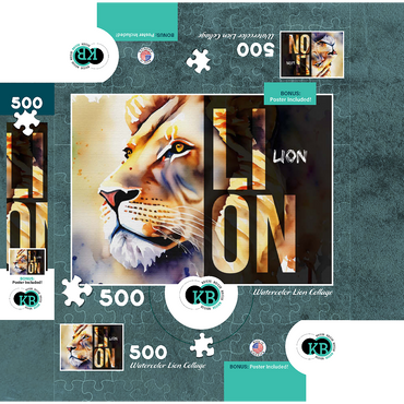 Abstract Watercolor: Lion Collage, Wildlife Canvas 500 Jigsaw Puzzle box 3D Modell