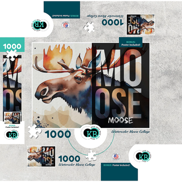 Abstract Watercolor: Moose Collage, Wildlife Canvas 1000 Jigsaw Puzzle box 3D Modell