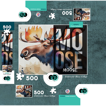 Abstract Watercolor: Moose Collage, Wildlife Canvas 500 Jigsaw Puzzle box 3D Modell