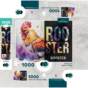 Abstract Watercolor: Rooster Collage, Wildlife Canvas 1000 Jigsaw Puzzle box 3D Modell
