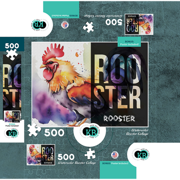 Abstract Watercolor: Rooster Collage, Wildlife Canvas 500 Jigsaw Puzzle box 3D Modell