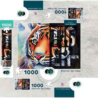 Abstract Watercolor: Tiger Collage, Wildlife Canvas 1000 Jigsaw Puzzle box 3D Modell