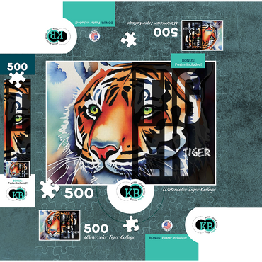 Abstract Watercolor: Tiger Collage, Wildlife Canvas 500 Jigsaw Puzzle box 3D Modell