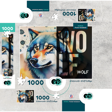 Abstract Watercolor: Wolf Collage, Wildlife Canvas 1000 Jigsaw Puzzle box 3D Modell