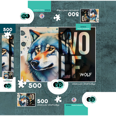 Abstract Watercolor: Wolf Collage, Wildlife Canvas 500 Jigsaw Puzzle box 3D Modell
