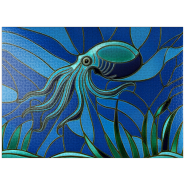 puzzleplate Stained Glass: Teal Blue Octopus 1000 Jigsaw Puzzle