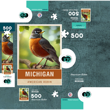 State Birds Series: Michigan, American Robin 500 Jigsaw Puzzle box 3D Modell