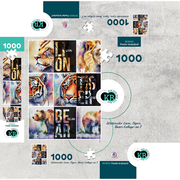 Abstract Watercolor: Lions, Tigers, Bears Collage- no.1, Wildlife Canvas 1000 Jigsaw Puzzle box 3D Modell