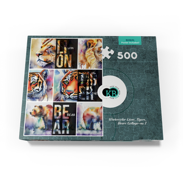 Abstract Watercolor: Lions, Tigers, Bears Collage- no.1, Wildlife Canvas 500 Jigsaw Puzzle box view3