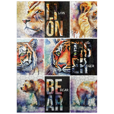 puzzleplate Abstract Watercolor: Lions, Tigers, Bears Collage- no.1, Wildlife Canvas 500 Jigsaw Puzzle