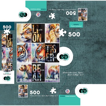 Abstract Watercolor: Lions, Tigers, Bears Collage- no.1, Wildlife Canvas 500 Jigsaw Puzzle box 3D Modell