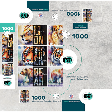 Abstract Watercolor: Lions, Tigers, Bears Collage- no.2, Wildlife Canvas 1000 Jigsaw Puzzle box 3D Modell