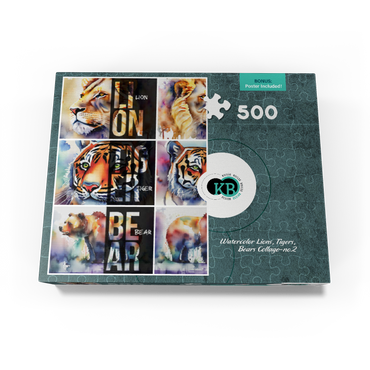 Abstract Watercolor: Lions, Tigers, Bears Collage- no.2, Wildlife Canvas 500 Jigsaw Puzzle box view3