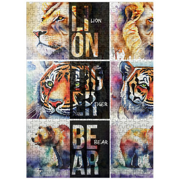 puzzleplate Abstract Watercolor: Lions, Tigers, Bears Collage- no.2, Wildlife Canvas 500 Jigsaw Puzzle