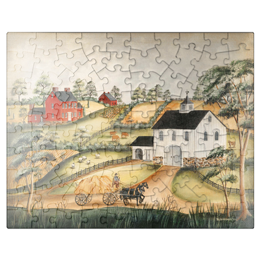 puzzleplate Charming Folk Art Farm Scene with Barn and Horses 100 Jigsaw Puzzle