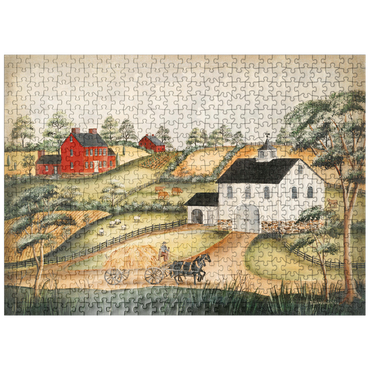 puzzleplate Charming Folk Art Farm Scene with Barn and Horses 500 Jigsaw Puzzle