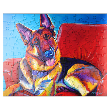 puzzleplate Colorful German Shepherd on Red Chair 100 Jigsaw Puzzle