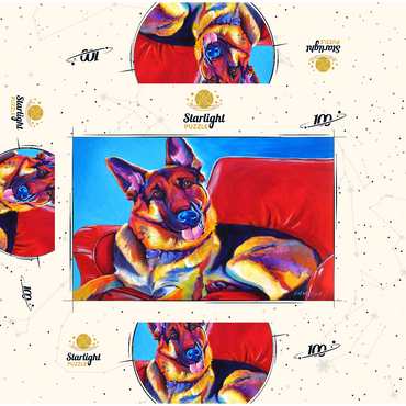 Colorful German Shepherd on Red Chair 100 Jigsaw Puzzle box 3D Modell
