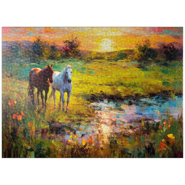 puzzleplate Horses Grazing by Sunset Pond 1000 Jigsaw Puzzle