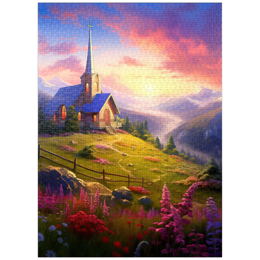puzzleplate Sunset Chapel with Vibrant Mountain Scenery 1000 Jigsaw Puzzle