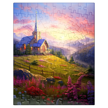 puzzleplate Sunset Chapel with Vibrant Mountain Scenery 100 Jigsaw Puzzle