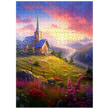 puzzleplate Sunset Chapel with Vibrant Mountain Scenery 500 Jigsaw Puzzle